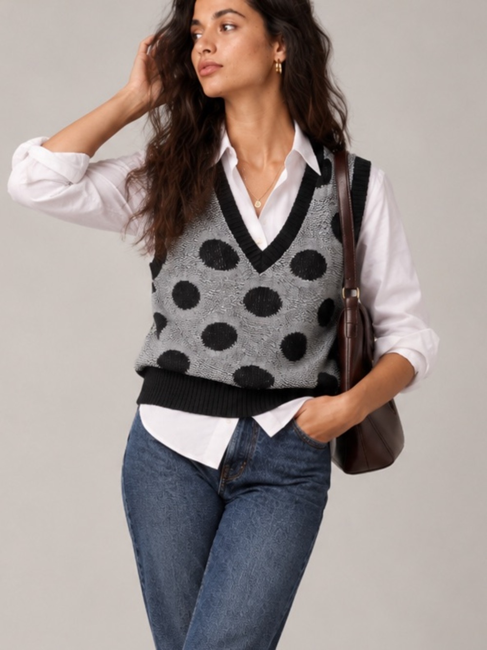 Vintage Leslie Fay Polka Dot Sweater Vest Black White Small